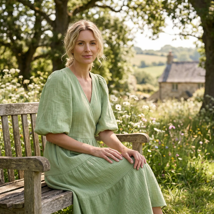 A woman wearing a green crinkled cotton gauze midi wrap dress with puff sleeves, seated on a wooden bench in a sunlit garden setting.