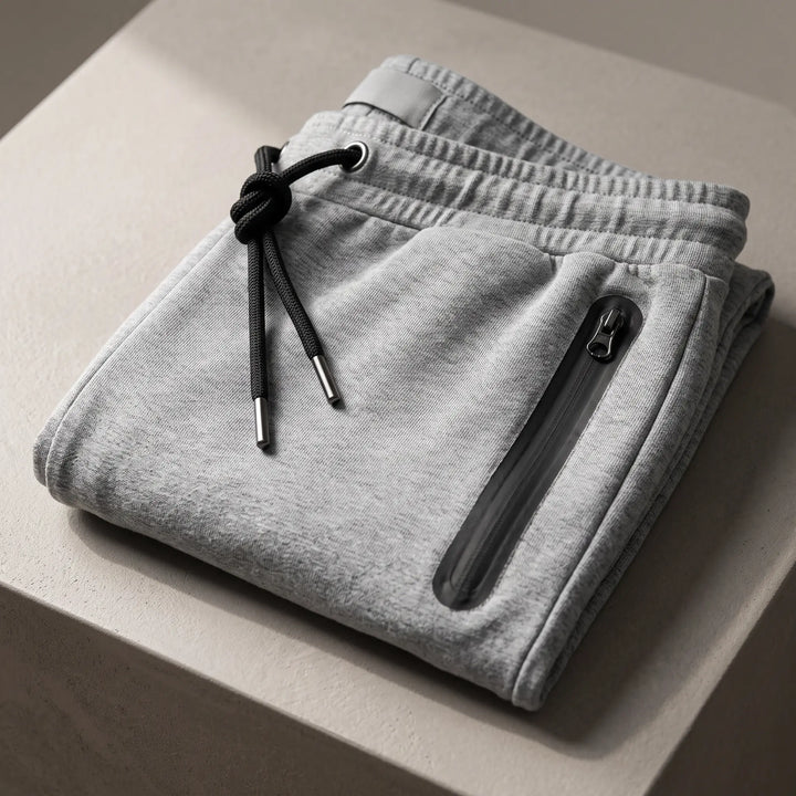 Close-up of heathered grey performance knit joggers, showcasing the subtle fabric texture, flat elasticated waistband with drawstring, and a functional zippered side pocket with a black pull tab.