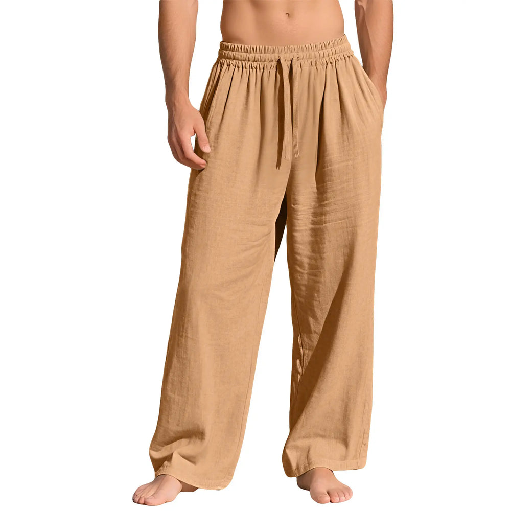 Men's relaxed fit, wide-leg trousers in classic khaki, crafted from a breathable linen blend with an elasticated drawstring waist and side pockets, shown in a front view.