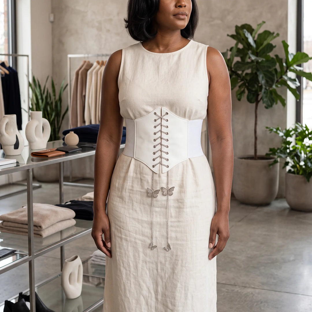 Woman wearing a white Kaelan cinched waist corset belt with silver chain and butterfly charms over a light beige dress in a boutique setting.