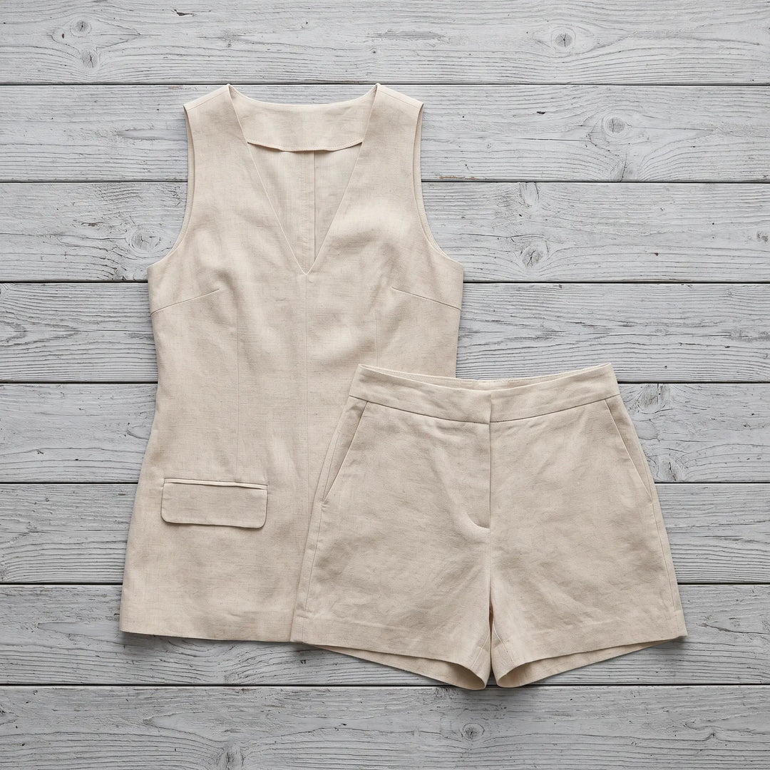 Flat lay of a Kaelen sleeveless V-neck top and tailored shorts set in a soft ecru linen-blend fabric, featuring dual flap pockets and a clean design.