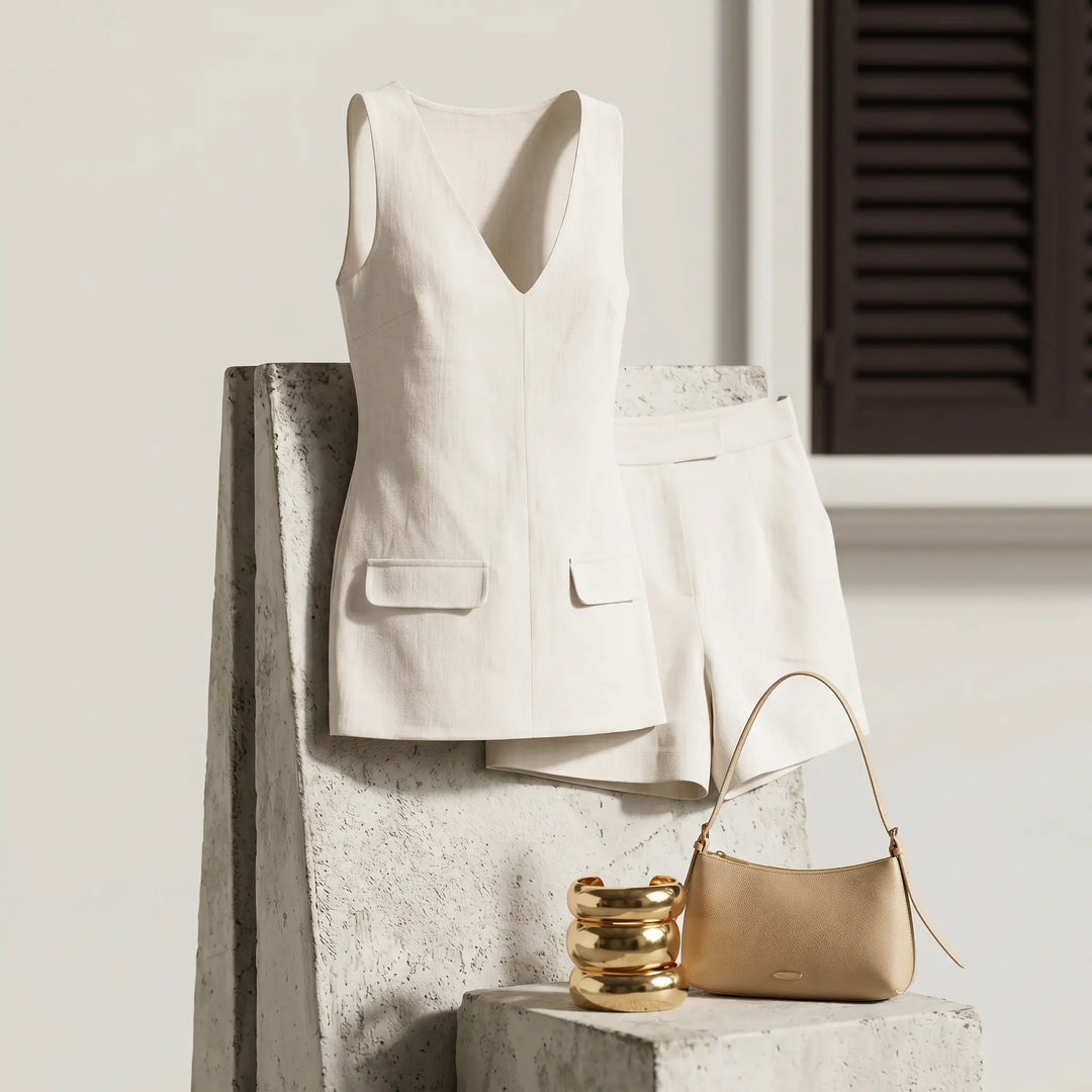 Kaelen ecru linen-blend sleeveless V-neck top and tailored shorts set, styled with a beige shoulder bag and gold bracelets on concrete pedestals.