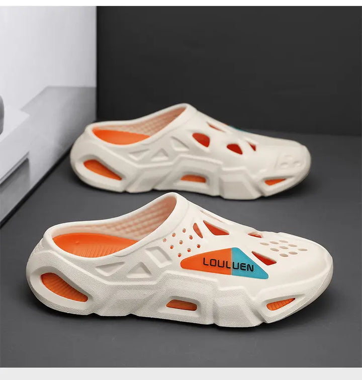 Cream beige EVA clogs for men, featuring a sculpted thick sole, orange interior lining, and split orange and blue side branding with &