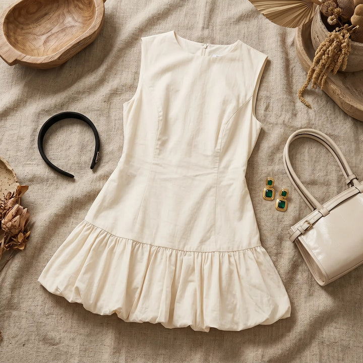 Kaelen creamy ivory sleeveless mini dress with ruffled A-line skirt, styled with accessories on a textured background.