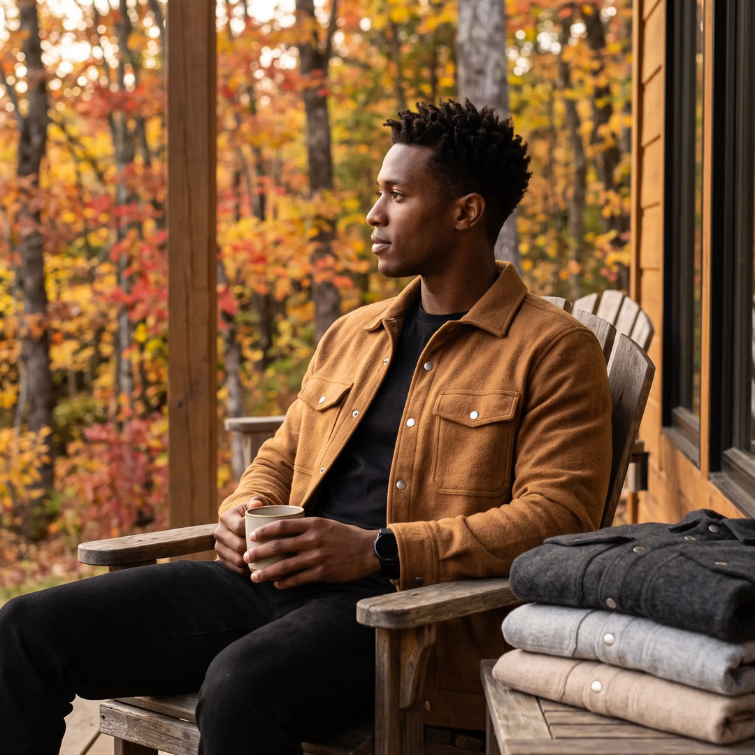 A man sits on a wooden chair, wearing a camel brushed polyester shacket with snap button closure and chest pockets, enjoying a warm drink on a cabin porch in autumn.
