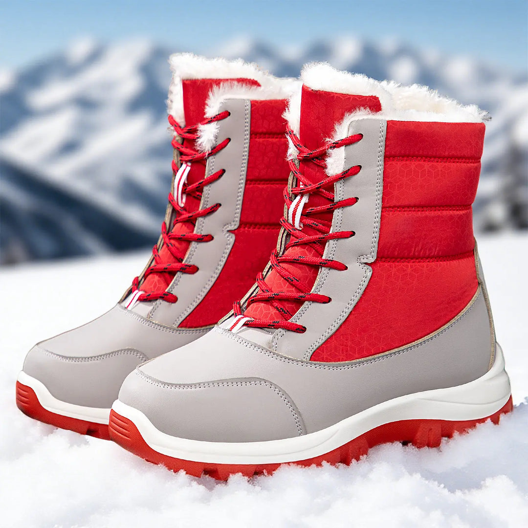 Kaelen women's mid-calf winter snow boots in red and grey, featuring waterproof nylon, plush faux fur lining, and a high-traction lugged rubber outsole, displayed in a snowy environment.