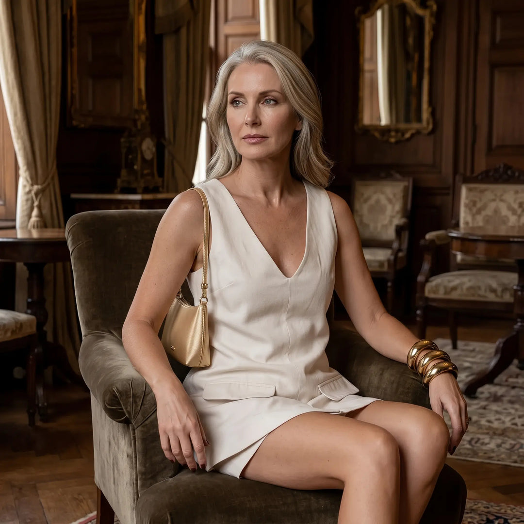 A sophisticated woman sits in a velvet chair, wearing a V-neck sleeveless top and tailored shorts set in soft ecru, accessorized with a gold handbag and bangles. Lifestyle context.