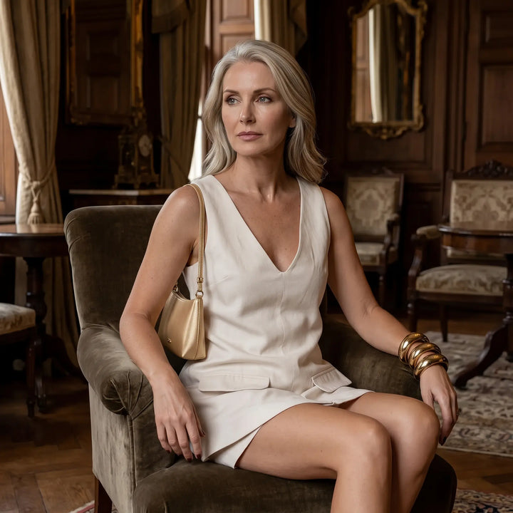 A sophisticated woman sits in a velvet chair, wearing a V-neck sleeveless top and tailored shorts set in soft ecru, accessorized with a gold handbag and bangles. Lifestyle context.