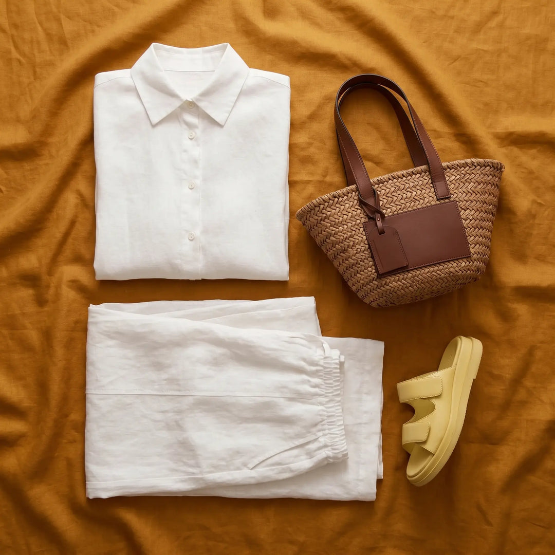 Kaelen white linen-cotton blend shirt and wide-leg trousers set styled with a straw tote bag and yellow sandals on an ochre background.
