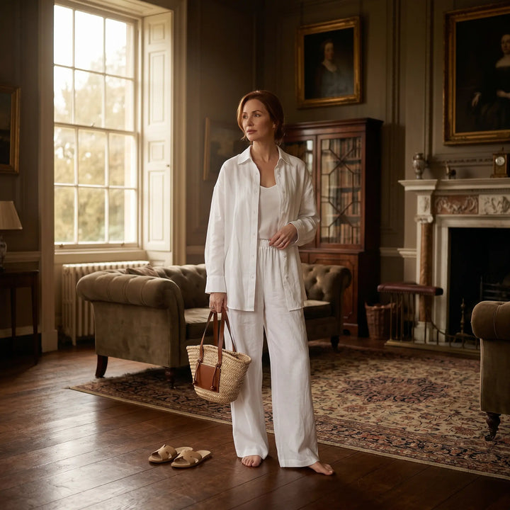 Model wearing a white Kaelen linen-cotton relaxed shirt and wide-leg trousers set, holding a straw bag in an elegant interior setting.