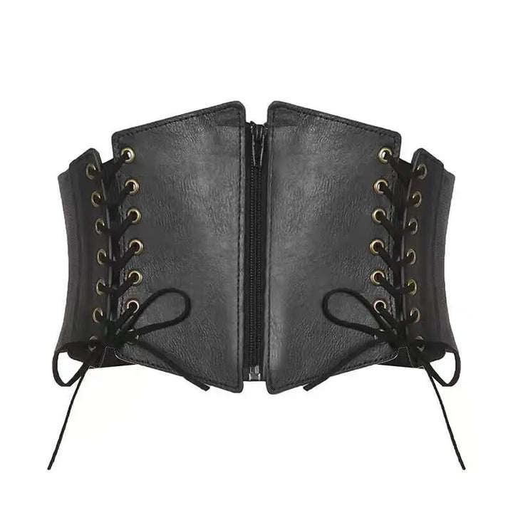 Matte black faux leather corset belt with antique brass grommets and lace-up sides, featuring a central zipper closure.