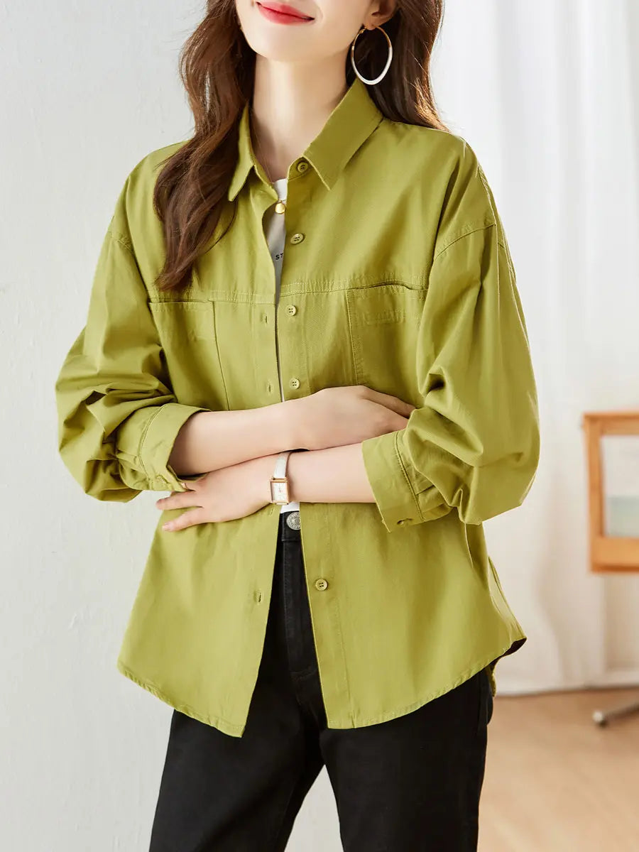 Kaelix relaxed fit Yuzu Green cotton shirt with polo collar, button-front, and dual chest pockets, shown on a model from the front. This versatile long-sleeve top drapes comfortably for effortless everyday style.