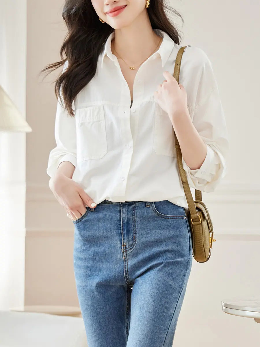 Model wearing a Kaelix Yuzu Green cotton shirt with a polo collar, dual chest pockets, and button-front closure, styled with blue jeans. A versatile, relaxed fit top for casual everyday wear.
