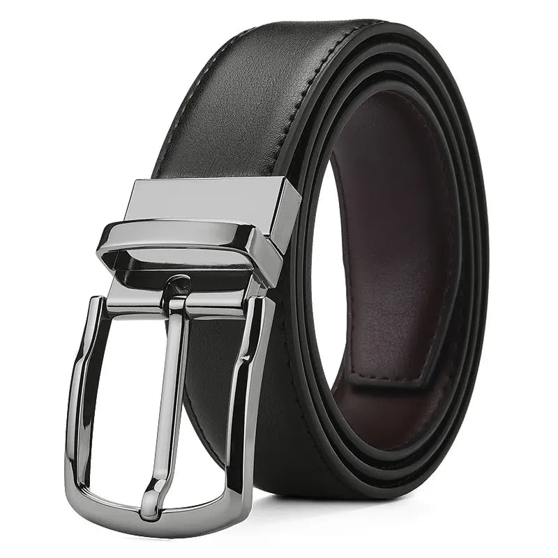 Kaelo men's reversible leather business casual belt, featuring a smooth matte black exterior and rich dark brown interior with a polished gunmetal pin buckle and tonal stitching.