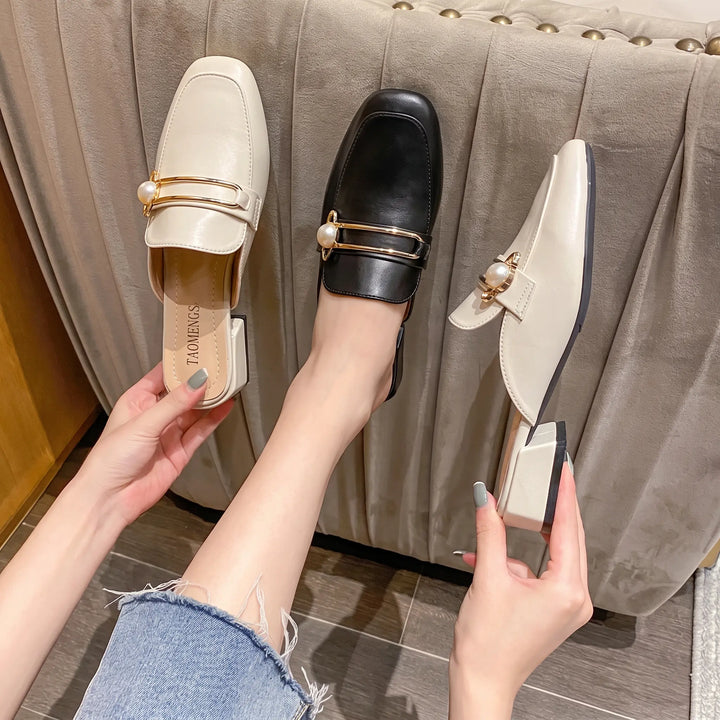 Kaelo - Pearl Detail Mules Square Toe Slip-Ons