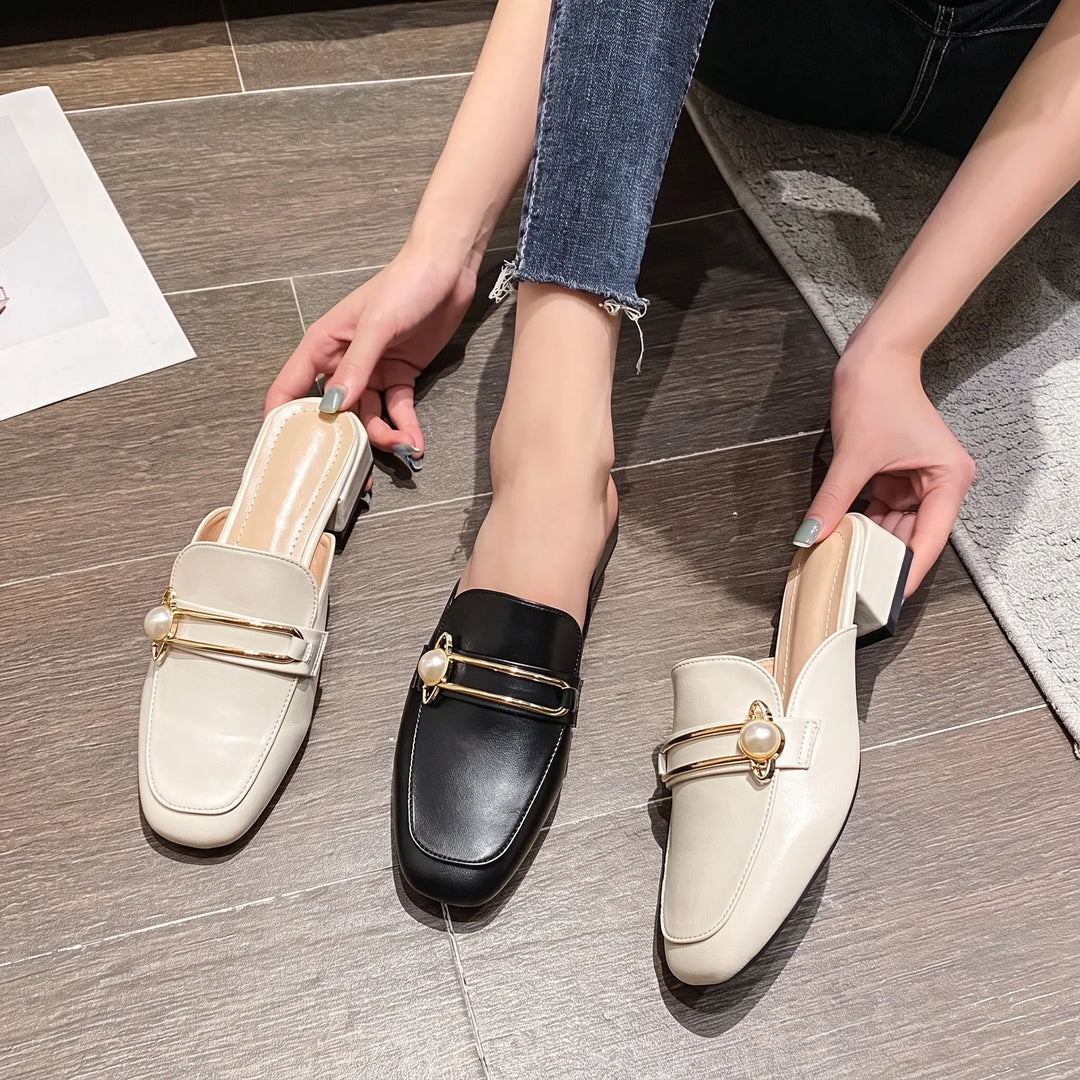 Kaelo - Pearl Detail Mules Square Toe Slip-Ons