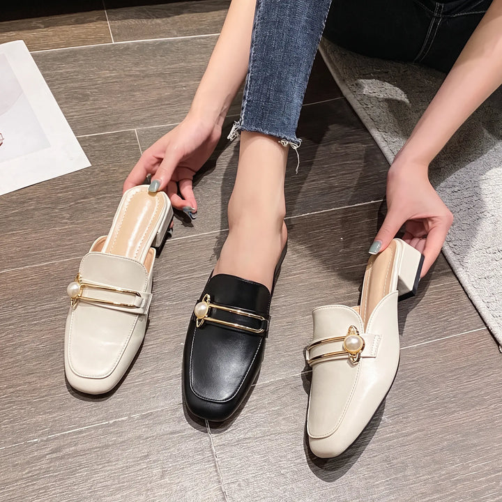Kaelo - Pearl Detail Mules Square Toe Slip-Ons
