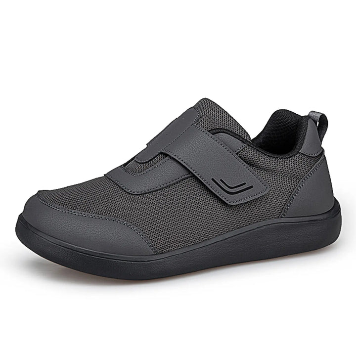 Three-quarter view of a Kaelo deep purple and black breathable mesh walking shoe featuring dual hook-and-loop straps and a supportive black EVA sole.