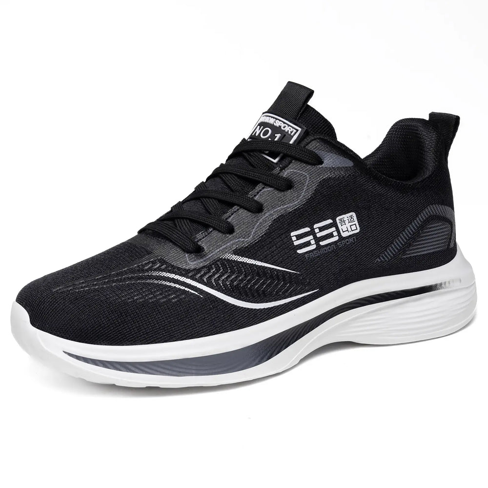 Kaelos women's black lightweight mesh sneakers with lilac-blue gradient heel detail, featuring 'SS FASHION SPORT' graphic and a sculpted wave sole. Presented front three-quarter view on a white background.