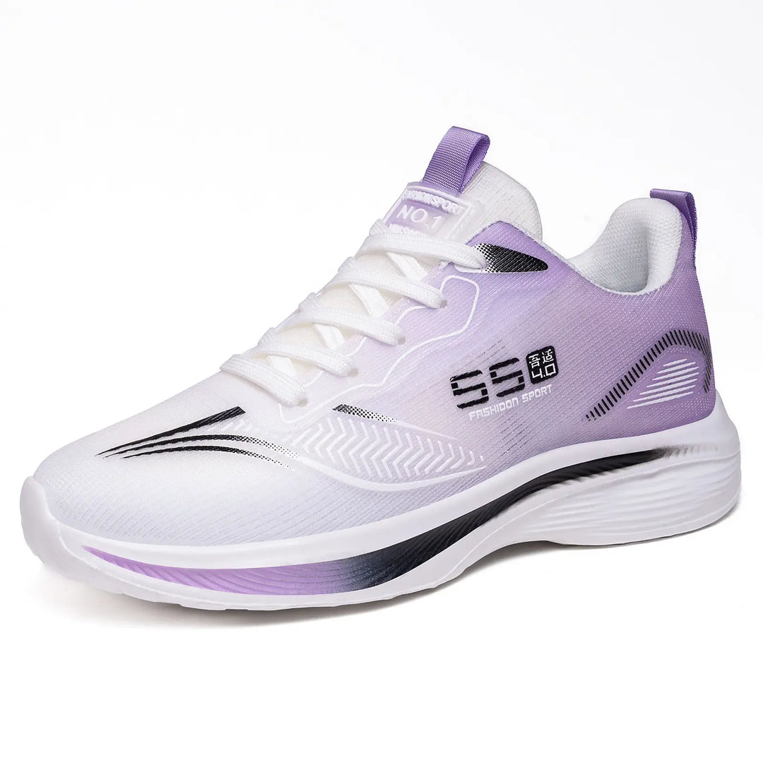 White Kaelos lightweight mesh sneakers featuring a lilac-blue gradient heel, sculpted wave sole, and &