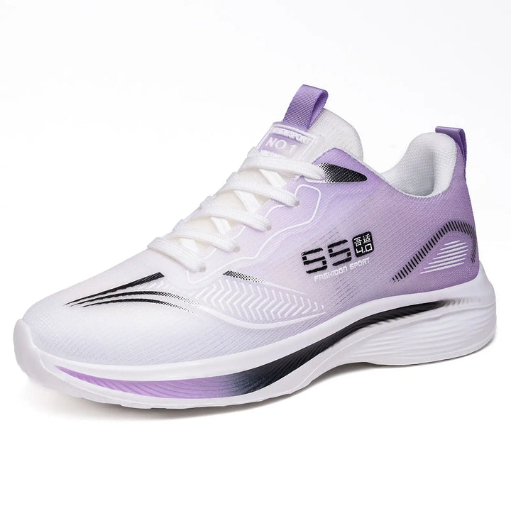 White Kaelos lightweight mesh sneakers featuring a lilac-blue gradient heel, sculpted wave sole, and &