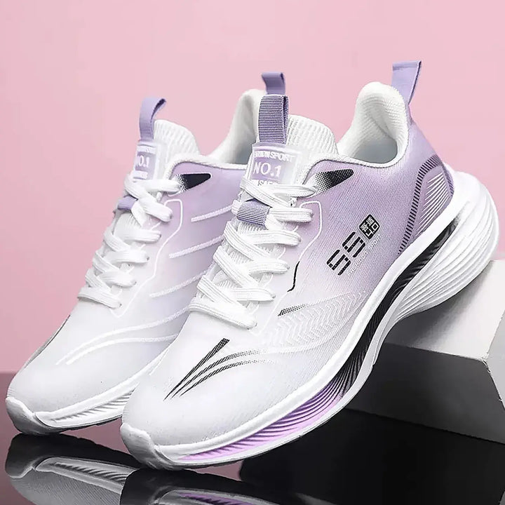 Kaelos white engineered mesh sneakers with lilac-blue gradient heel, featuring a sculpted wave sole and subtle graphic print for versatile style.