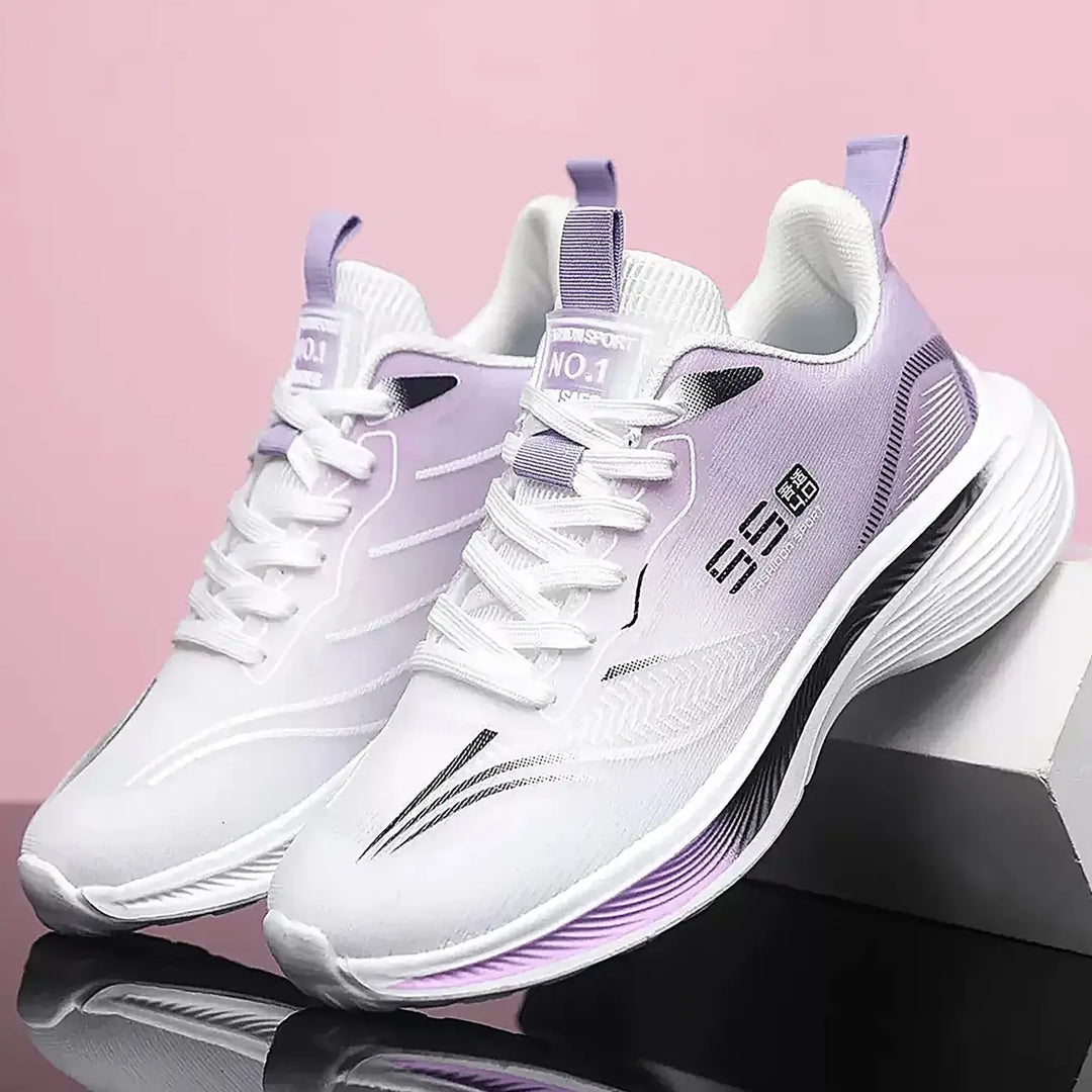 Kaelos white engineered mesh sneakers with lilac-blue gradient heel, featuring a sculpted wave sole and subtle graphic print for versatile style.