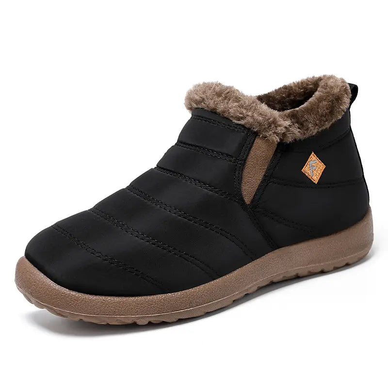 Kaelum black quilted water-resistant synthetic nylon winter boots with plush faux fur lining, slip-on design and a durable rubber sole, shown in a front three-quarter view.