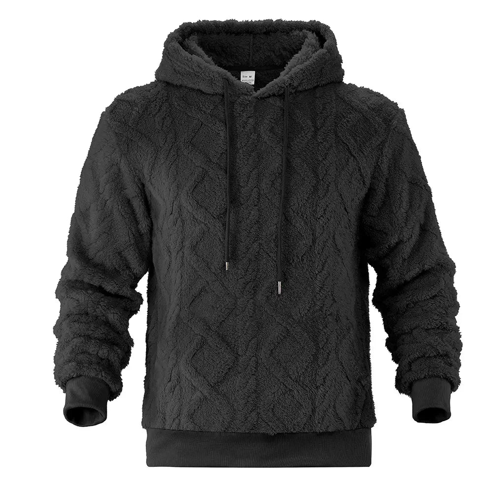 Kaelum men's textured fleece hoodie in black, featuring a cozy high-pile fabric with a chevron pattern, adjustable drawstring hood, and kangaroo pocket. Front view.
