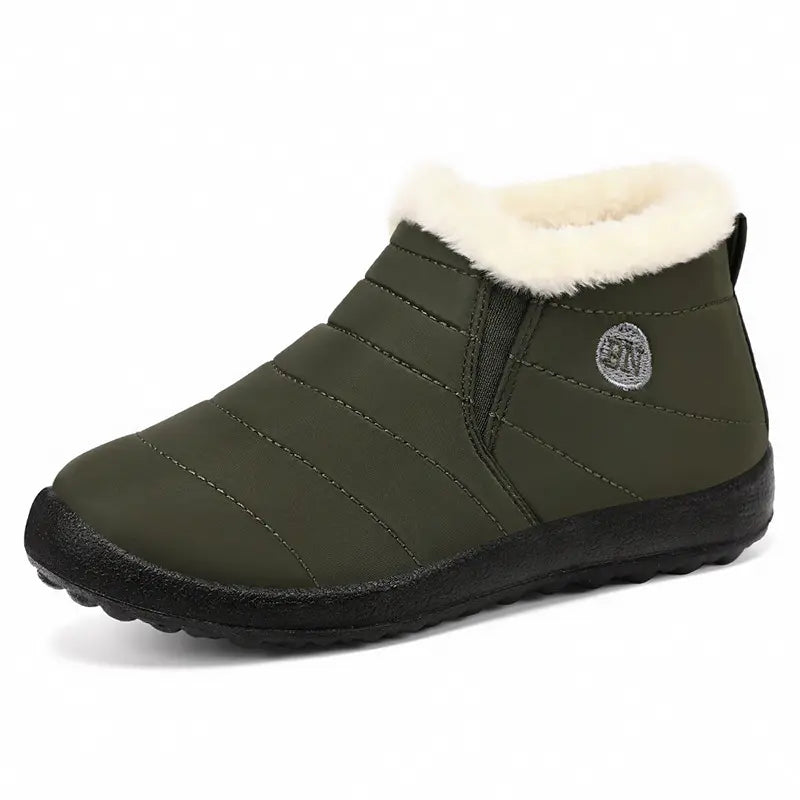 Kaelum green quilted water-resistant synthetic nylon slip-on ankle boots with plush grey faux fur lining and a black rubber lug sole.