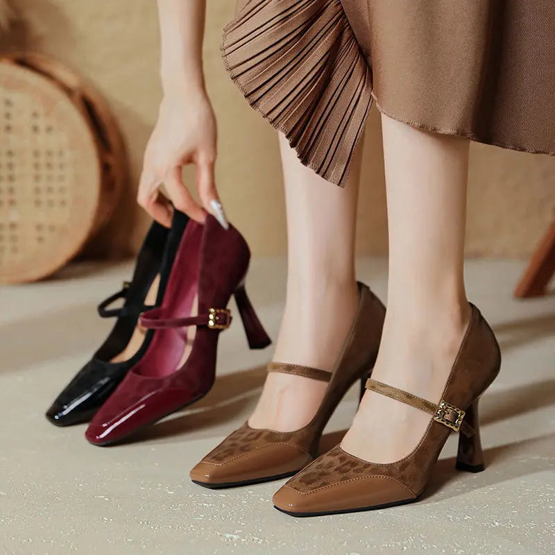 Kaelum patent leather Mary Jane heels showcasing burgundy, black, and leopard print brown variants on feet, featuring a square toe and block heel.