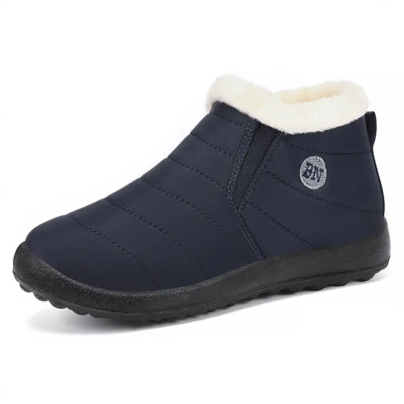 Kaelum unisex navy blue quilted ankle winter boots with plush faux fur trim and slip-on design.