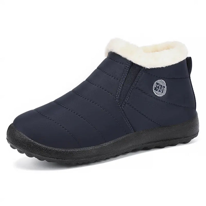 Kaelum unisex navy blue quilted ankle winter boots with plush faux fur trim and slip-on design.