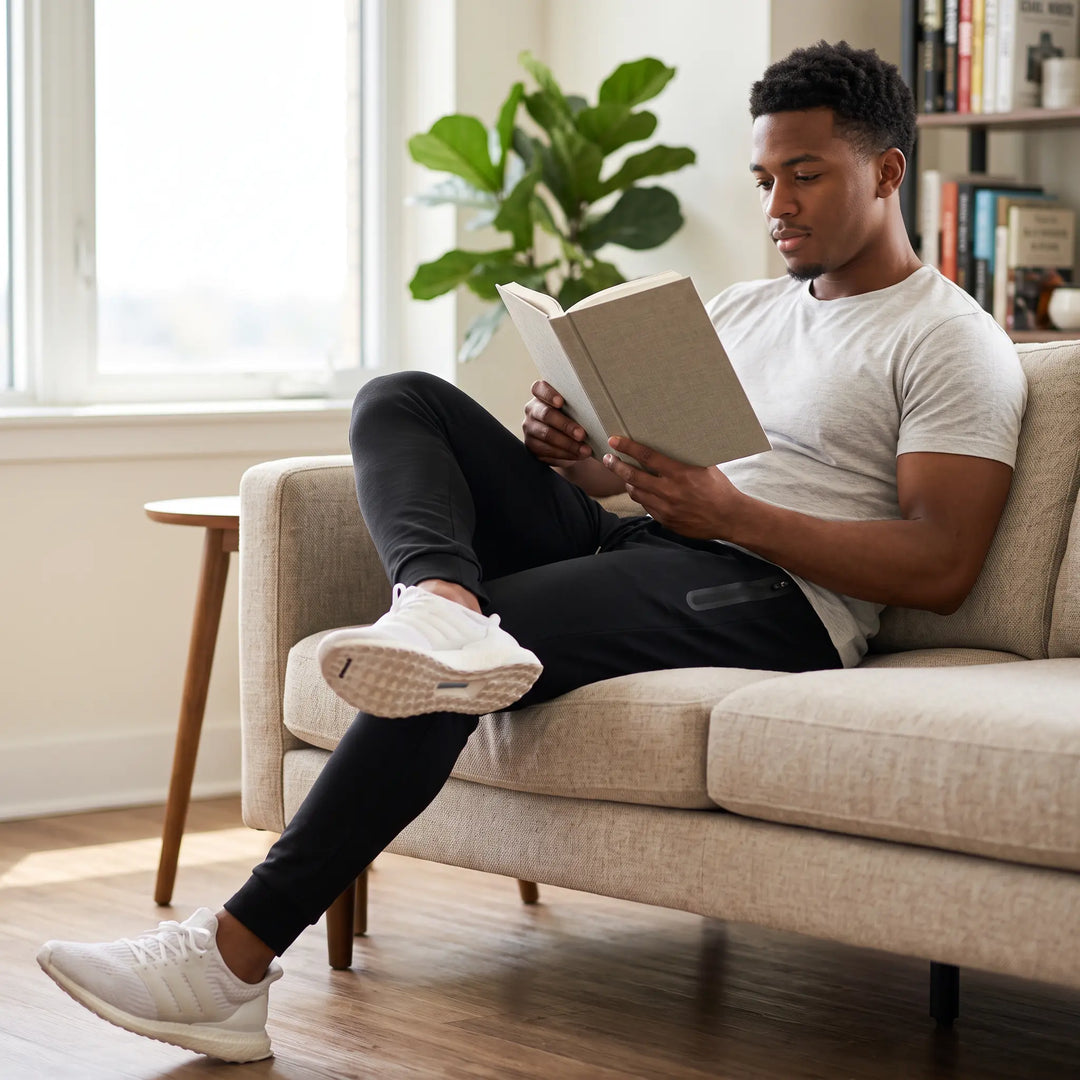 Man in black tapered performance knit joggers reading comfortably on a couch, showcasing athleisure style for relaxed weekends.