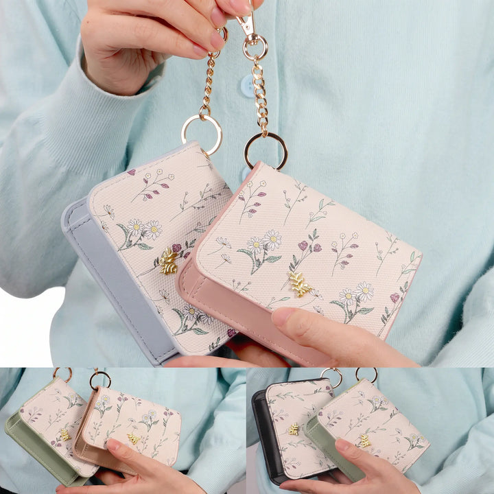 Collage showcasing Kezel elegant floral PU leather cardholder wallets in multiple pastel colors, held by hands, featuring gold hardware and detachable keychain.