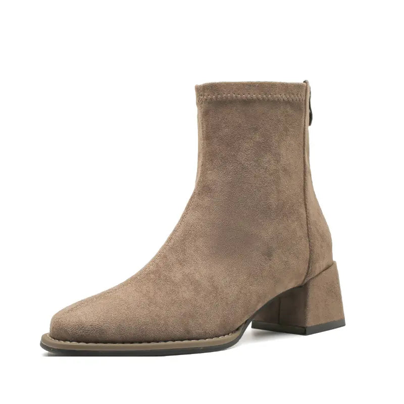 Warm khaki suede-like ankle boot with a square toe, 4-5cm block heel, and back zipper, presented on a clean white studio background.