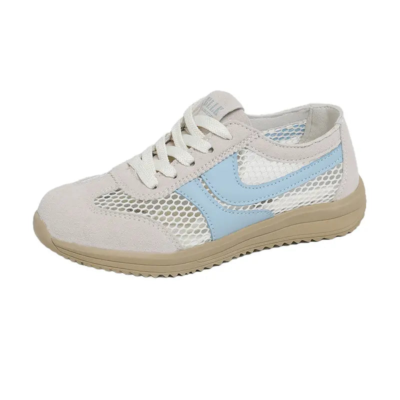 Khyzra women's off-white breathable mesh trainers with light blue side stripe and suede-like accents, shown from a three-quarter front view on a white background.