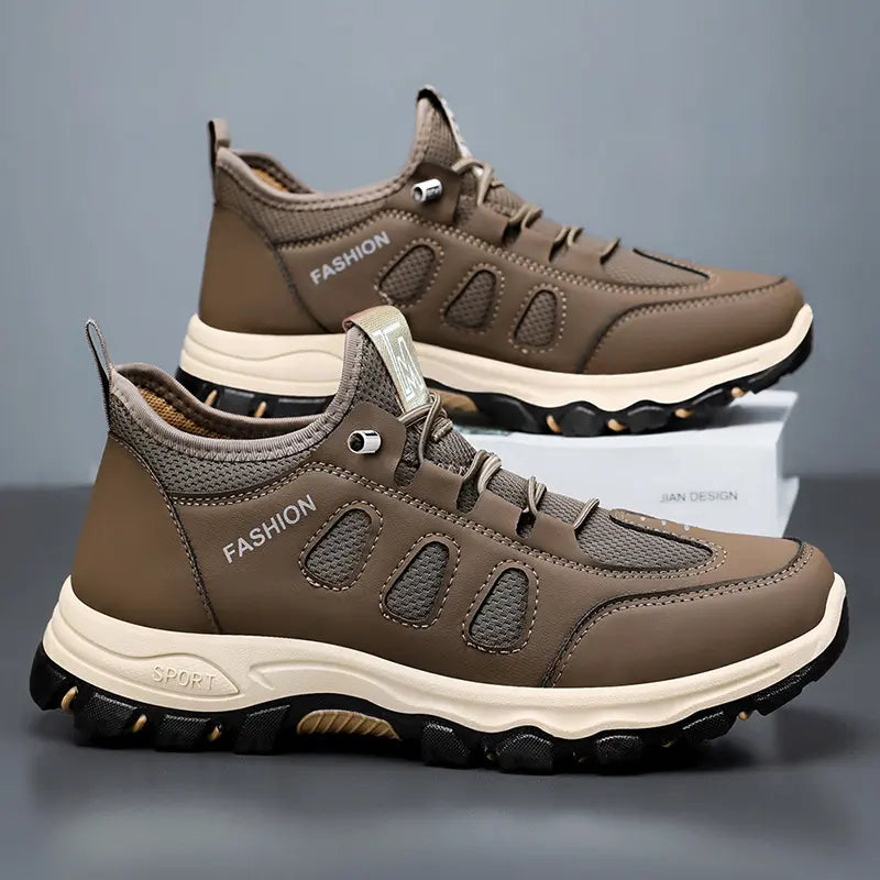 Men's Krovix coffee brown hiking shoes shown from a three-quarter angle, featuring breathable mesh panels and a supportive cushioned midsole.