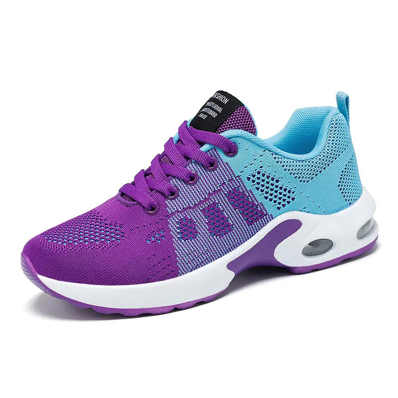 Vibrant violet and sky blue lightweight mesh sneakers with a visible air cushion sole and purple lace-up closure.