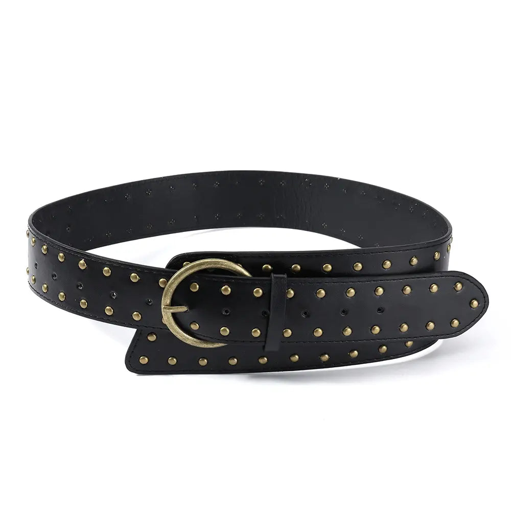 Wide black PU leather studded belt with antique brass pin buckle and keeper loop, displayed flat against a white background.