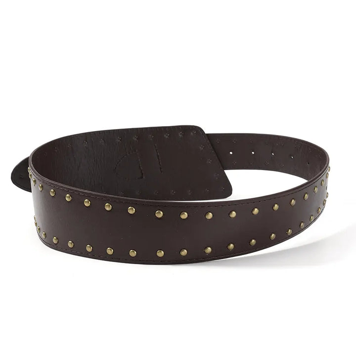 Wide brown leather punk belt with antique brass studs and buckle, displayed flat.
