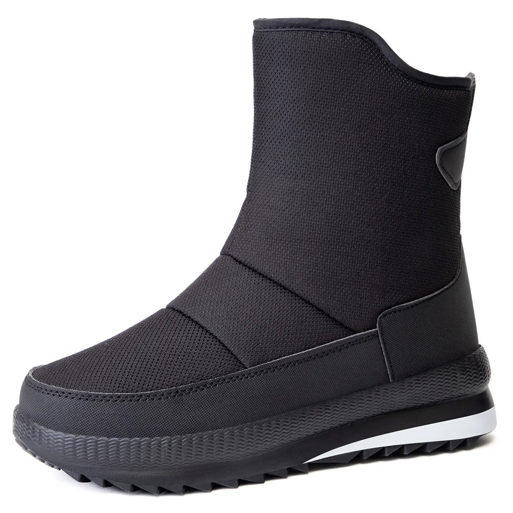 Kryzot men's black textile winter boot, mid-calf height, with a rounded toe, padded quilted shaft, and thick lug sole with a white midsole stripe.