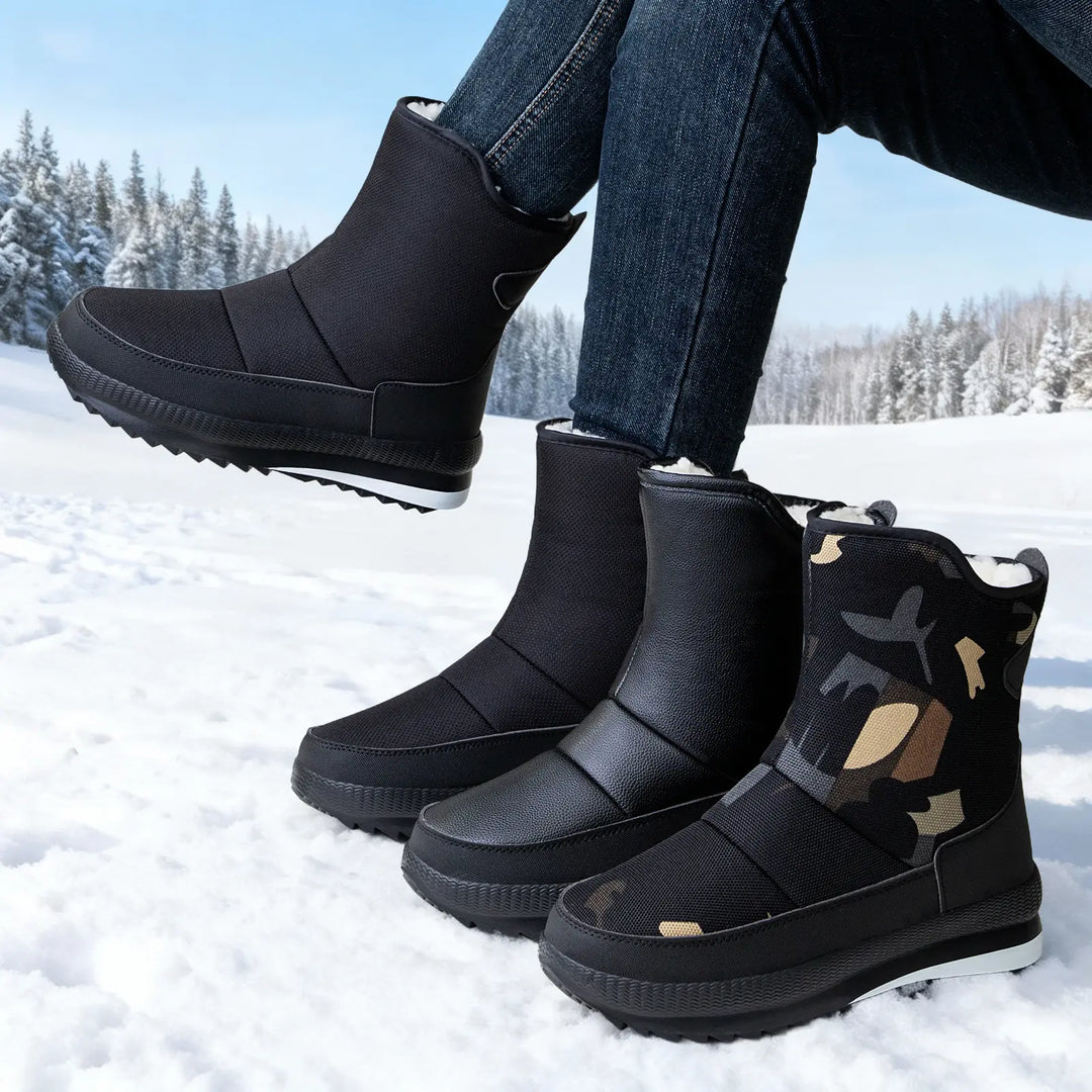 Men's Kryzot warm winter boots displayed in a snowy forest setting, featuring camouflage, black textile, and black faux leather variants.