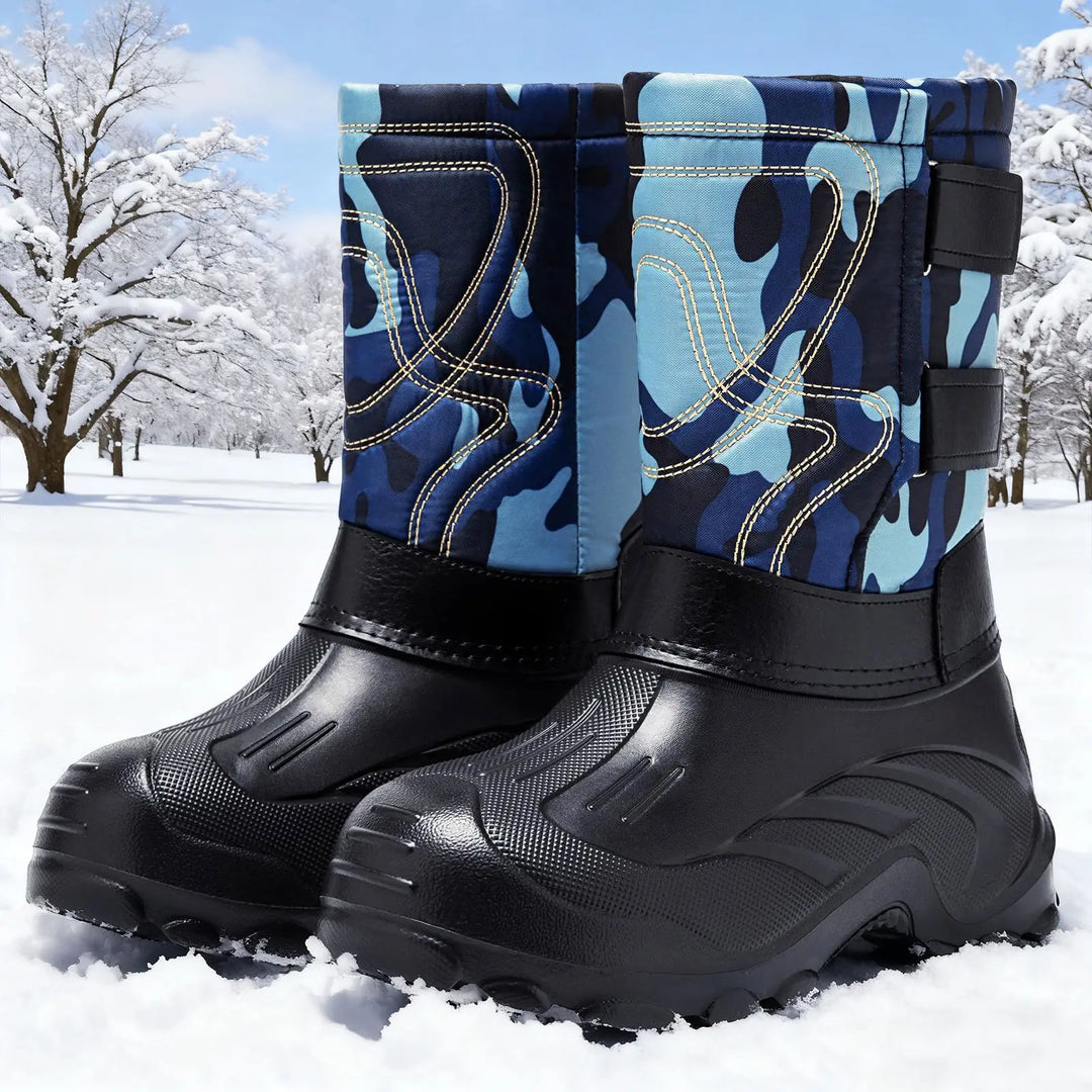 Kydro men's waterproof winter boots in arctic camo blue, featuring a high-top design with velcro straps and plush lining, set against a snowy landscape.