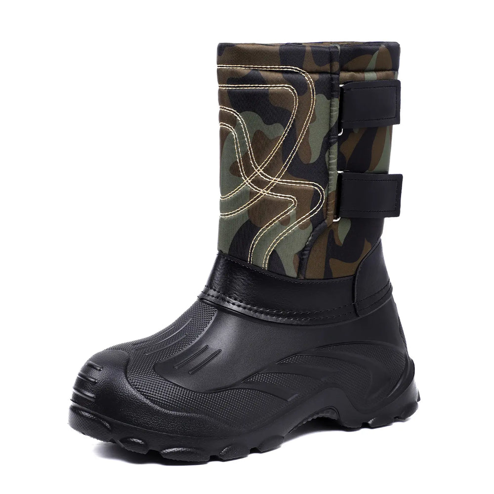 Kydro men's high-top winter boots with waterproof black synthetic leather lower and blue camouflage shaft, featuring gold stitching and adjustable velcro straps.