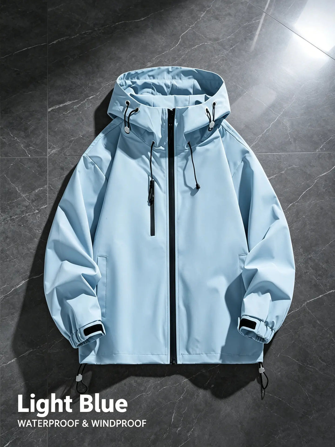 Light blue waterproof and windproof hooded jacket with adjustable cuffs and drawstring hem, shown flat with a front view against a dark textured background.