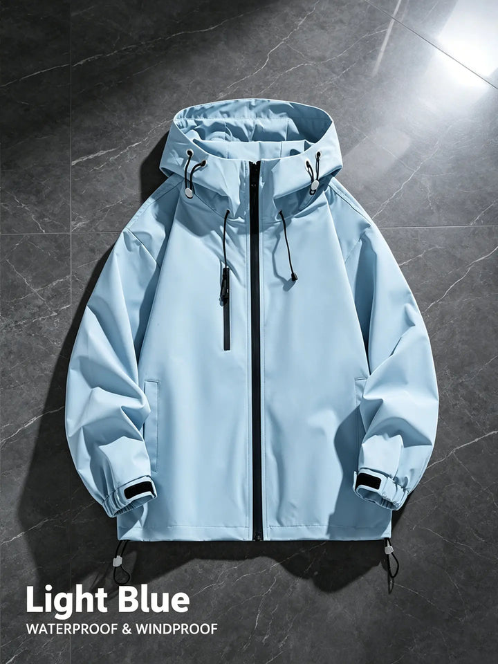 Light blue waterproof and windproof hooded jacket with adjustable cuffs and drawstring hem, shown flat with a front view against a dark textured background.