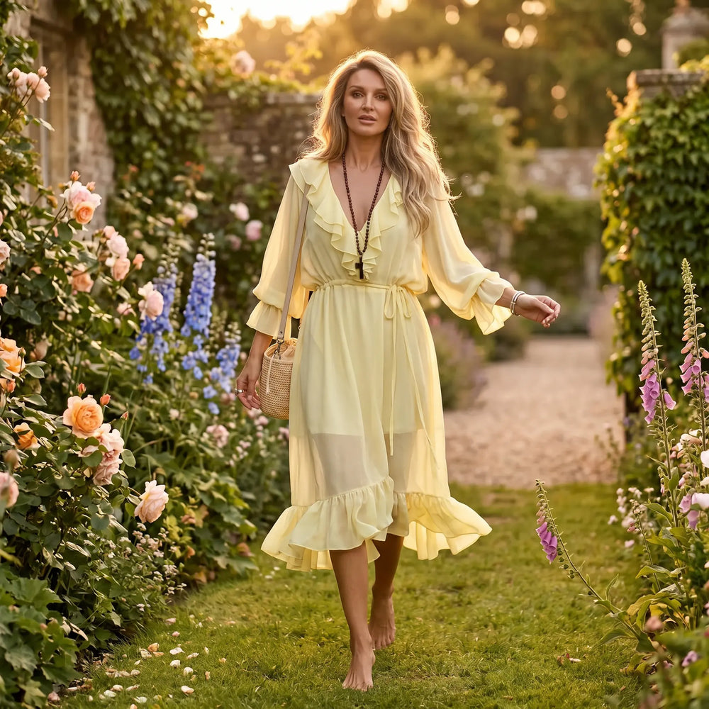 A woman in a flowing, pale yellow chiffon midi dress with ruffle trim walks through a blooming garden at sunset, showcasing the dress's ethereal drape and romantic bohemian style.