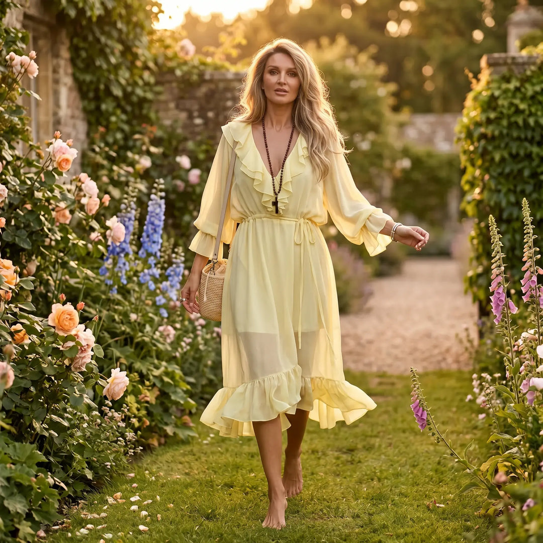 A woman in a flowing, pale yellow chiffon midi dress with ruffle trim walks through a blooming garden at sunset, showcasing the dress&