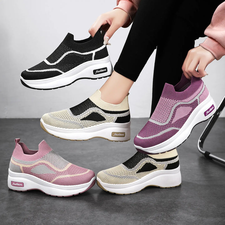 Showcase of LyraFit breathable knit slip-on sneakers in deep purple, vibrant pink, creamy beige, and classic black variations with thick white platform soles and &